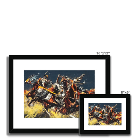 A pair of metal framed pictures of the riders on horseback on a frame.