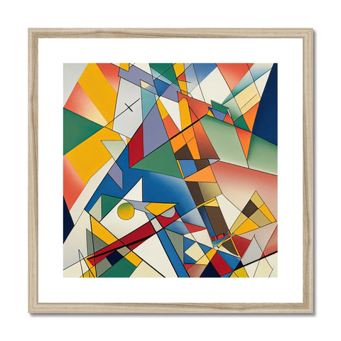 A geometric art print hanging on a wall with other paintings of paintings and kite flying