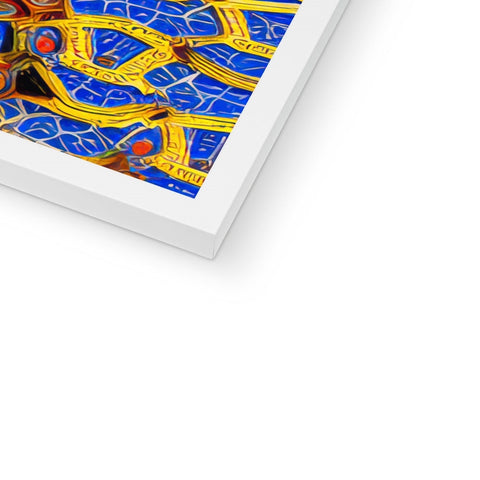 Stained glass tile and colorful art print, sitting in the middle of a room with