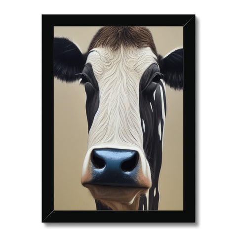 This is a picture of a black cow and a white and orange background.