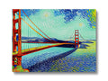 A wooden framed painting of the San Francisco Bay Bridge.