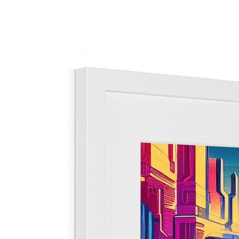 A framed picture of some colorful artwork hanging on a frame.