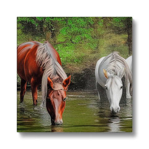 A couple of horse standing under a waterfall of water near a river.