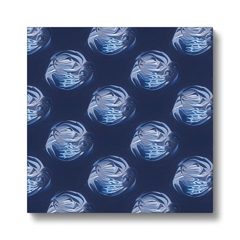 Several water drops on a blue tablecloth covered in a blue background painting.
