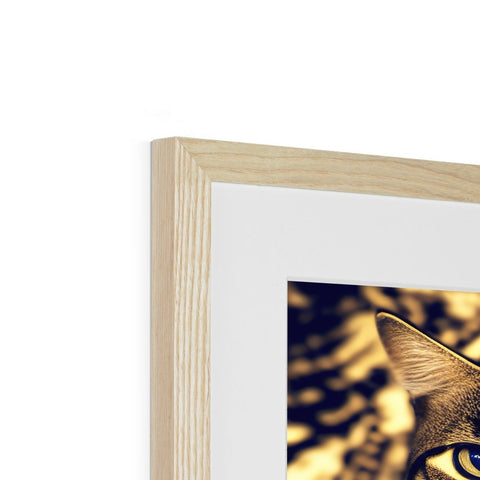 A cat is sitting on top of a wooden photo frame and peering into the lens