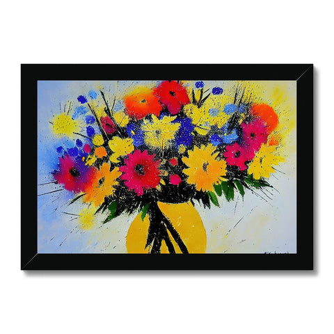 A basket full of colorful flowers arranged throughout an art print.