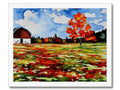Art print of a picture of fall foliage on top of a white house with a field