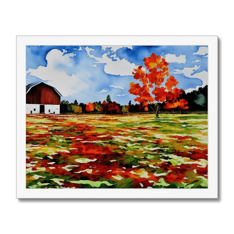 Art print of a picture of fall foliage on top of a white house with a field