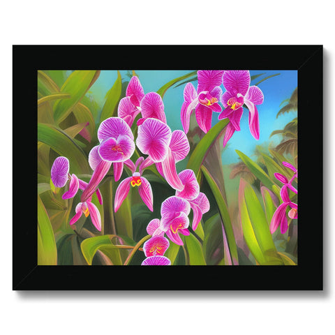 An orchid in front of a view of a tropical watercolor background with many other