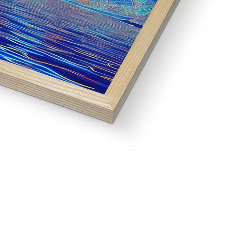 An abstract painting looking at an ocean in a wood frame.