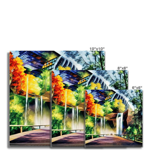 Several colorful framed card with drawings in a wooded area of a bridge.