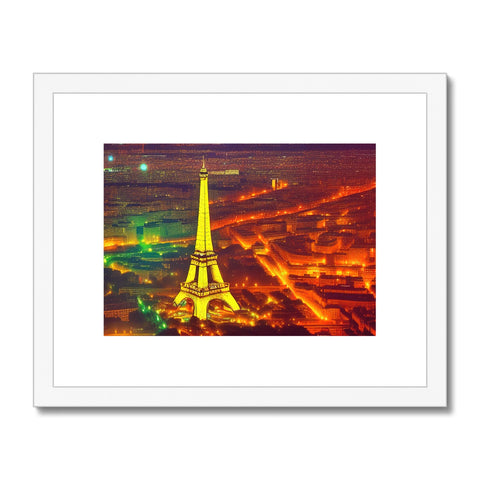 An art print of Paris next to the Eiffel Tower on a wooden frame.