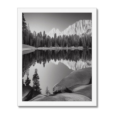 There is a black and white photo on a frame of a lake near a mountain.