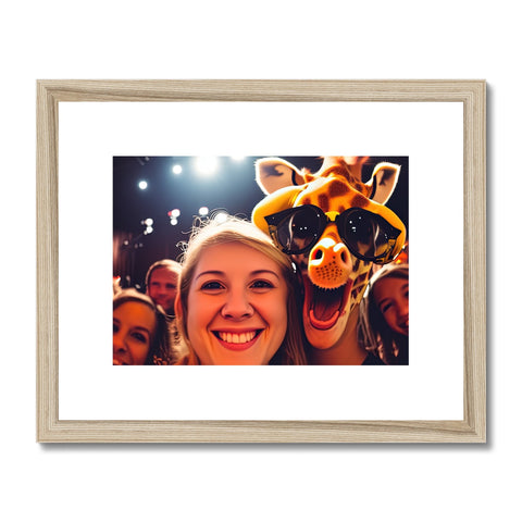 A picture of a giraffe in the palm of her hand on a picture frame.