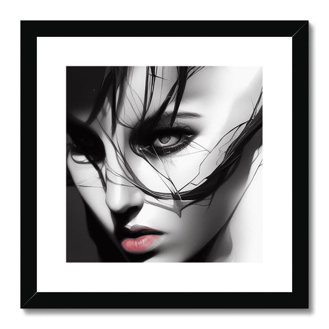 An art print with face designs hanging on to a wall that hangs on a frame.
