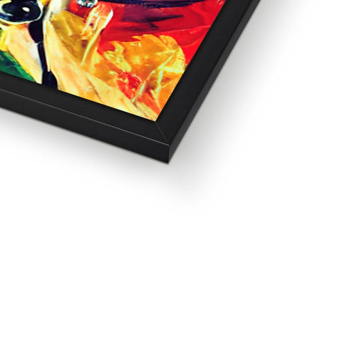 A black picture frame set on a white background holding paintings that are hanging on the wall