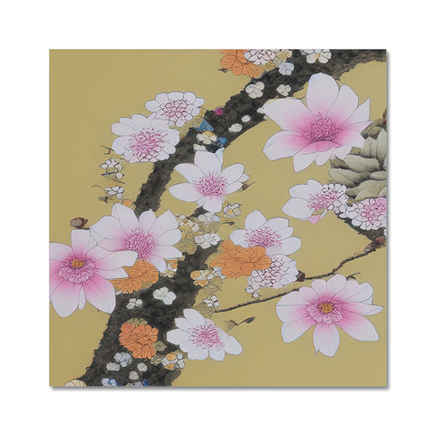 A ceramic tile with flowers in it and a picture of cherry blossom flowers.