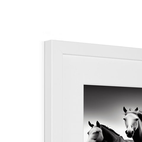 A white and silver picture frame with a horse leaning into a mirror with flowers.