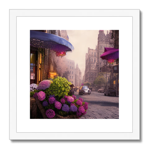 A street in New York City with art prints and people in shops.