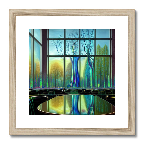 A framed art print of a view of a river side, a sunset and trees.