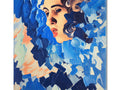 A picture of a woman pouring water on a tile floor and a blue art print laying