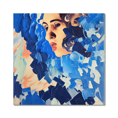A picture of a woman pouring water on a tile floor and a blue art print laying