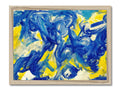 an abstract painting of an azure sky hanging on a shelf and a wooden wall