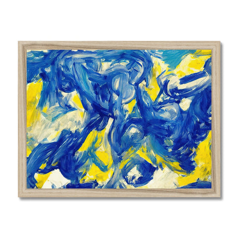 an abstract painting of an azure sky hanging on a shelf and a wooden wall