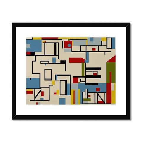 A framed art print featuring four square, rectangles on a wall with a table.