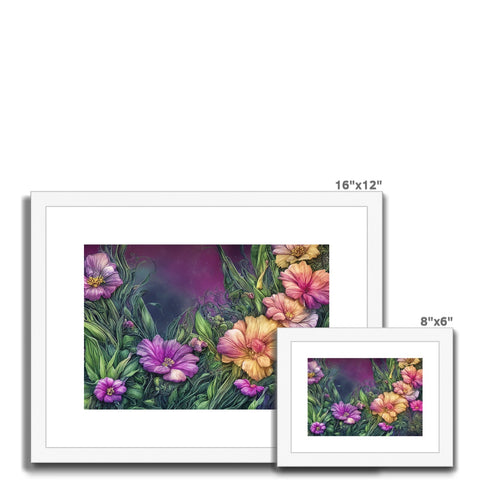 Several purple flowers with a white and pink background sitting in a photo frame.