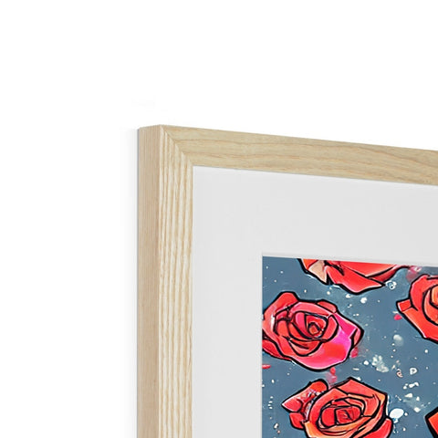 A picture made of a piece of wood on top of a wood frame with red flowers