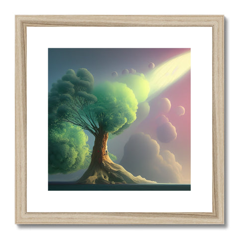 A large art print with an image of a tree on top of a wooden frame.
