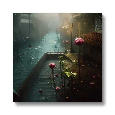 Art print of a fountain in the middle of a large river.