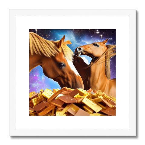 A big horse carrying a man in front of a pile of gold framed gold.