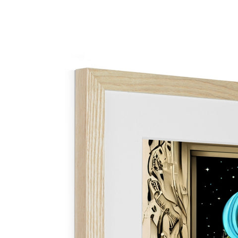 A picture frame with some wooden art on it looking at a mirror and another photograph on