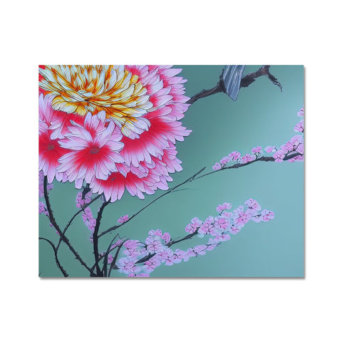 An  art print topped with pink flowers on the wall.