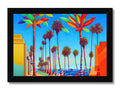 A green tree and a large bunch of palm trees with a painting of Santa Monica on
