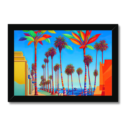 A green tree and a large bunch of palm trees with a painting of Santa Monica on