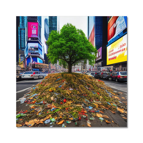 A green and yellow tree stands in front of a recycling bin