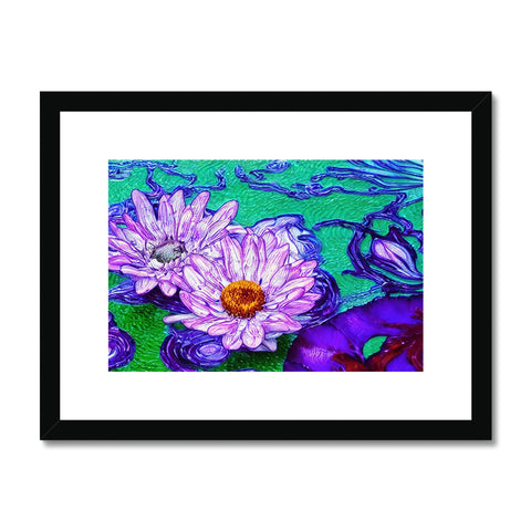 A water lily on an art print sitting in a pond filled with plants.