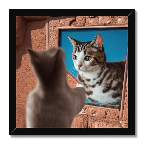 A cat looking into a mirror in a picture frame on a wall.
