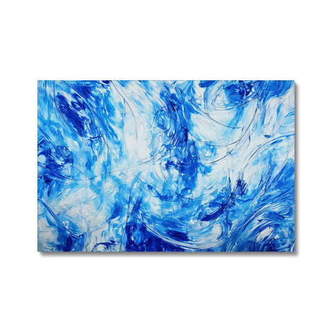 A blue and white artwork laying on top of a bath mat in room with colorful ocean