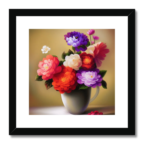 Art print on a vase sitting on a table table with colorful flowers.