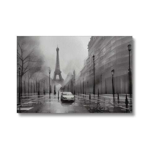 A white photo of Paris in a landscape frame.