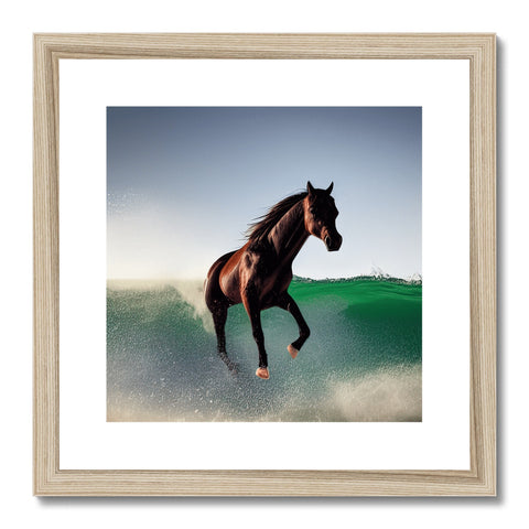 An old wood framed print of a gray horse galloping through a grassy valley.