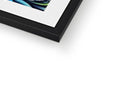 A picture of a blue painting is in a rectangular picture frame.