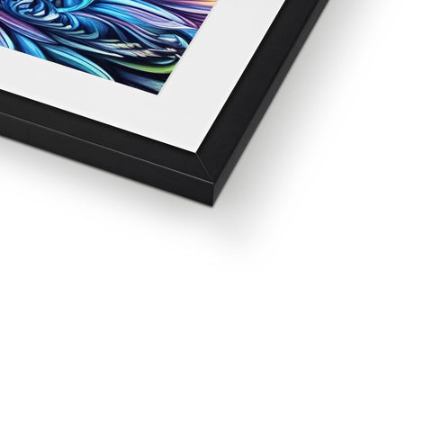 A picture of a blue painting is in a rectangular picture frame.