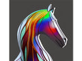 A dark horse in a horse skin suit with rainbow background and colorful mane.