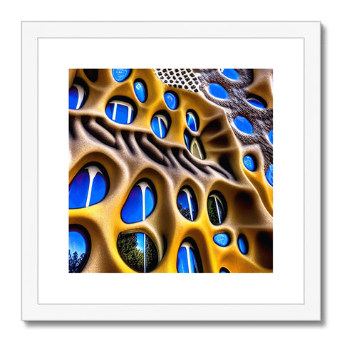 Blue art print with white rocks above a dark colored building.