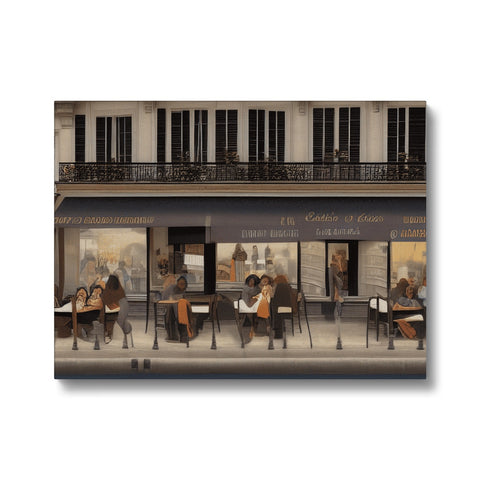 The white restaurant is an  art print surrounded by coffee on a wooden table.